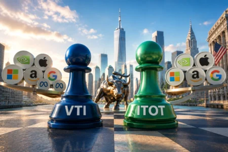 VTI dan ITOT Bersaing Tawarkan Eksposur Luas ke Wall Street Blue pawn labeled VTI and green pawn labeled ITOT stand on a checkerboard, with a bull statue and NYC skyline in the background and ETF logos on both sides of the scales behind them.