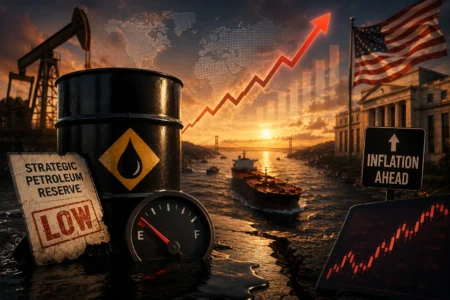 Minyak Naik, Cadangan AS Menipis: Inflasi Terancam Lagi? Oil barrel and 'Strategic Petroleum Reserve' sign with a low gauge, a rising red arrow and inflation sign, illustrating energy markets and inflation pressure at sunset.