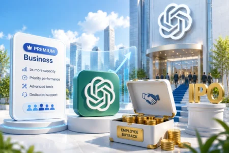 Jelang IPO, OpenAI Siapkan Paket Premium dan Buyback Saham Corporate IPO plaza with a Premium Business sign, a green logo tile, an open chest of coins labeled Employee Buyback, and large IPO letters in the background.