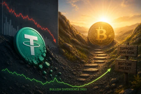 Kapitalisasi USDT Turun, Bottom Bitcoin Makin Dekat? Crypto market visual: green Tether coin left with a falling chart, Bitcoin rising toward a 'Bottom Ahead?' sign on a sunlit path (Bullish Divergence, RSI).