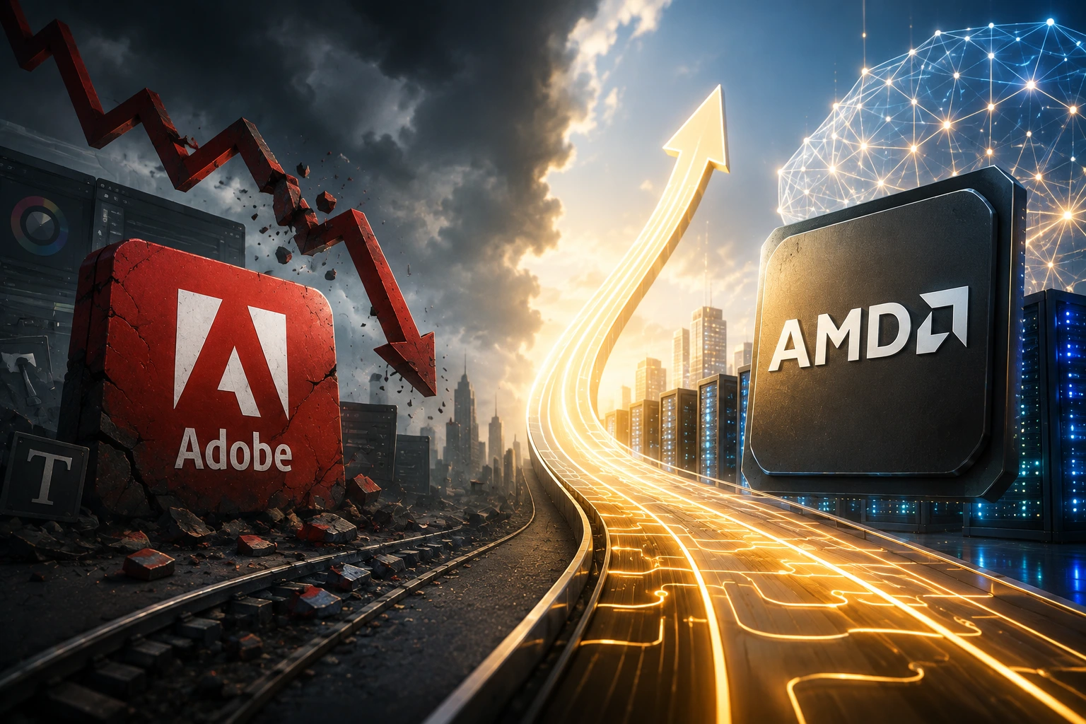 AMD logo on the right accelerates along a glowing highway toward a futuristic city; Adobe block crumbles on the left with a downward arrow nearby.