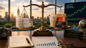 Brass balance scale holds medicine bottles and a McDonald's bag and card on the right, with a city skyline and stock chart in the background—symbolizing health vs finance.