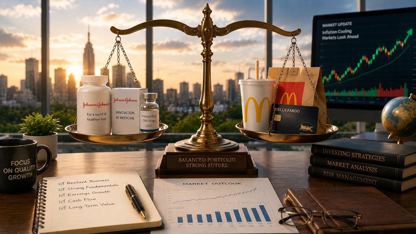 Brass balance scale holds medicine bottles and a McDonald's bag and card on the right, with a city skyline and stock chart in the background—symbolizing health vs finance.