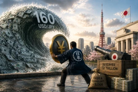 Yen Melemah terhadap Dolar AS, Jepang Siap Intervensi Lagi? Man in a dark coat blocks a giant wave formed from dollar bills labeled 160 USD/JPY, in a city plaza with cherry blossoms and a cannon nearby.