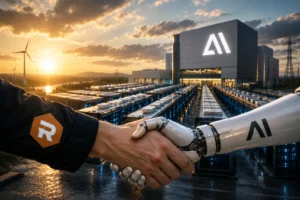 Handshake between a person and a white robotic arm in front of a modern AI-powered data center at sunset.