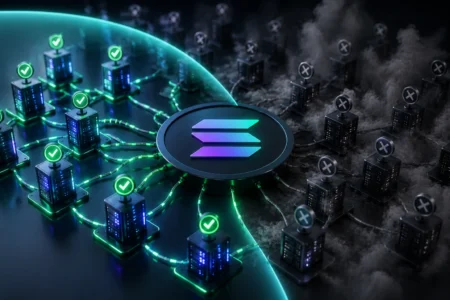 Gangguan Routing Bikin 29% Stake Solana Offline Central circular hub with a gradient logo connected to green-illuminated, verified servers on the left; crossed nodes in a smoky area on the right imply unverified entities.