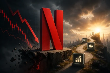 Netflix Turun 39%, Iklan Jadi Mesin Pertumbuhan Baru Large red 3D 'N' on a rocky cliff with a downward stock chart to the left, and a sunlit winding path ahead with glowing growth icons, symbolizing a journey from decline to growth in business.