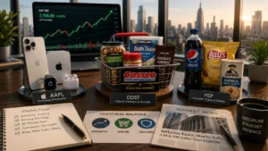 Desk setup with a Costco basket of snacks amid tech devices and a laptop showing a stock chart (finance and retail theme).