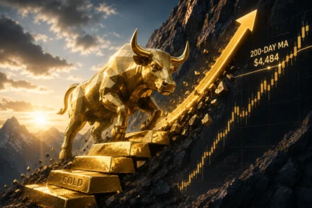Emas Bangkit 6%, Mampukah Reli Berlanjut? Golden bull statue atop stacked gold bars, with a glowing upward-arrow and stock chart, symbolizing rising markets.