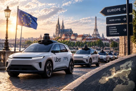 Uber dan Pony.ai Siapkan 2.000 Robotaxi di Eropa Autonomous Uber cars on a cobblestone bridge beside the EU flag, with the Paris skyline and the Eiffel Tower in the background at sunset.