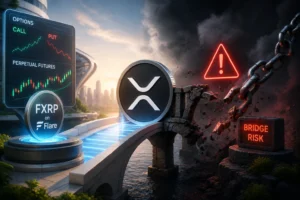 Ethereum-like XRP coin on a glowing bridge as a risk of bridge collapse looms with neon alert and chain imagery in the background, market charts on a screen nearby.