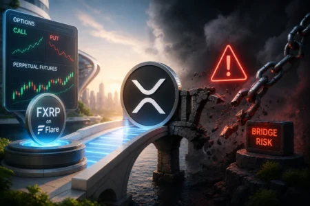 XRP Masuk Pasar Opsi DeFi, Risiko Bridge Ikut Disorot Ethereum-like XRP coin on a glowing bridge as a risk of bridge collapse looms with neon alert and chain imagery in the background, market charts on a screen nearby.