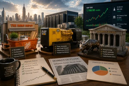 Miniature desk scene illustrating market themes: a Home Depot storefront, CAT generator, Goldman Sachs facade, bull statue, and a stock-chart display on a large monitor.
