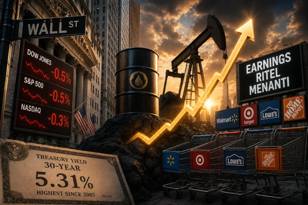 Wall Street Pekan Ini: Minyak Naik, Earnings Ritel Menanti Dramatic financial scene: Wall Street sign, stock tickers showing losses, an oil pump, a glowing upward arrow, and shopping carts in front of retailer logos at sunset.
