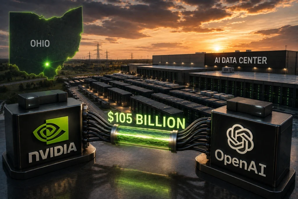 Nvidia Siapkan US$105 Miliar untuk Data Center OpenAI Data center at sunset with NVIDIA and OpenAI branding, a glowing tube reading $105 BILLION between them, and an Ohio outline in the sky.