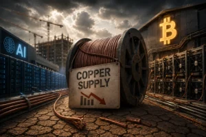 Copper cable reel in an industrial yard beside server racks and a glowing Bitcoin symbol on a building wall, suggesting crypto mining infrastructure.
