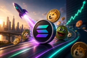 Colorful futuristic scene of meme coins racing on a neon track, led by a central Solana-like coin as a rocket blasts off in the background.
