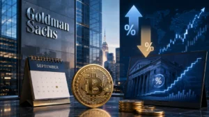 Goldman Sachs logo on a glass building with a desk showing a Bitcoin coin, coins, a September calendar, and a laptop with market charts.