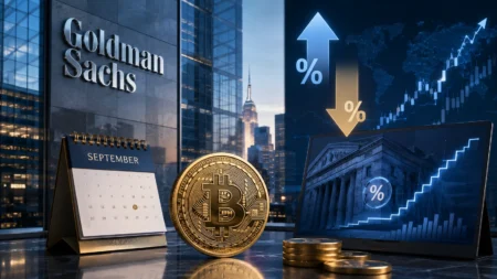 Goldman Sachs Prediksi The Fed Tahan Suku Bunga, Bitcoin Bereaksi? Goldman Sachs logo on a glass building with a desk showing a Bitcoin coin, coins, a September calendar, and a laptop with market charts.
