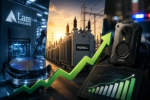 Industrial scene with semiconductor equipment, a rising green arrow, and a tablet showing a growing chart to symbolize tech growth.