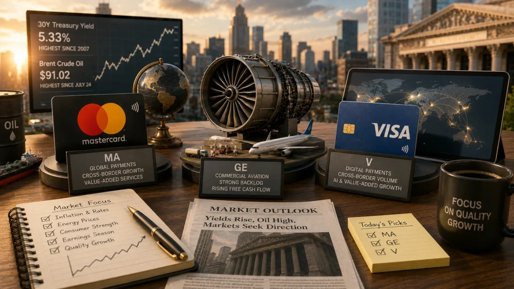 Rekomendasi Saham Hari Ini: MA, GE, V (19 Agustus 2026) Market briefing on a wooden desk: Mastercard and Visa cards, a jet engine model, globe, oil barrel, and stock charts with a city skyline in the background, conveying finance and aviation themes.