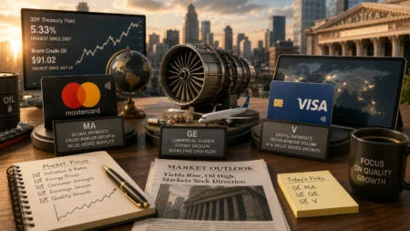 Rekomendasi Saham Hari Ini: MA, GE, V (19 Agustus 2026) Market briefing on a wooden desk: Mastercard and Visa cards, a jet engine model, globe, oil barrel, and stock charts with a city skyline in the background, conveying finance and aviation themes.