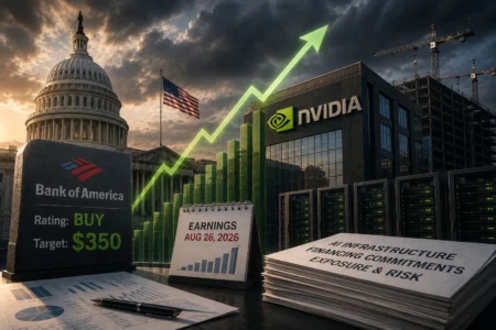 Bank of America Pertahankan Target Nvidia US$350 Jelang Earnings A rising green stock line crosses in front of the U.S. Capitol, Bank of America, and NVIDIA buildings to convey market growth.