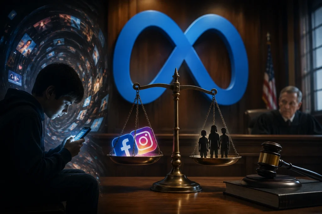 Meta Hadapi Sidang Besar soal Kecanduan Media Sosial A courtroom scene with a bronze balance scale showing Facebook and Instagram icons on one side and silhouetted people on the other, against a large blue infinity symbol and a judge in the background.