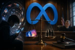 A courtroom scene with a bronze balance scale showing Facebook and Instagram icons on one side and silhouetted people on the other, against a large blue infinity symbol and a judge in the background.