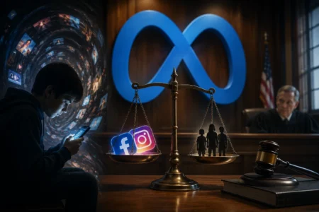 Meta Hadapi Sidang Besar soal Kecanduan Media Sosial A courtroom scene with a bronze balance scale showing Facebook and Instagram icons on one side and silhouetted people on the other, against a large blue infinity symbol and a judge in the background.