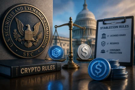 SEC Rilis Aturan Kripto Baru, Stablecoin Ikut Diperketat Regulatory imagery: SEC seal, crypto rules book, scales with crypto coin and dollar coin, Capitol in background.