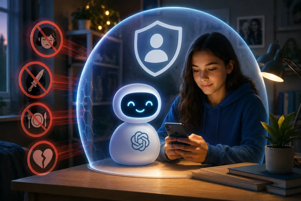 ChatGPT Rilis Mode Khusus Remaja dengan Proteksi Lebih Ketat A teen girl in a blue hoodie sits at a desk and uses her smartphone inside a glowing protective dome with a friendly robot, illustrating digital safety and privacy.