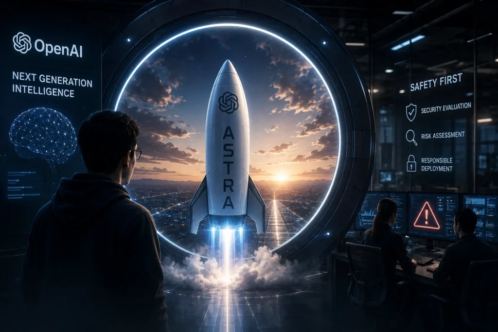 Rocket labeled ASTRA launches through a glowing circular portal in a high-tech control room with OpenAI branding nearby.