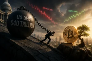Man in a suit pushes uphill beside a giant chained ball labeled 'US DEBT $40 TRILLION' at a cliff edge, with a glowing Bitcoin on a rock nearby and a city skyline in the background.