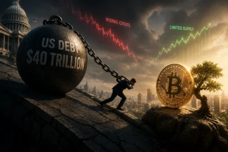Utang AS Dekati US$40 Triliun, Apa Dampaknya ke Bitcoin? Man in a suit pushes uphill beside a giant chained ball labeled 'US DEBT $40 TRILLION' at a cliff edge, with a glowing Bitcoin on a rock nearby and a city skyline in the background.