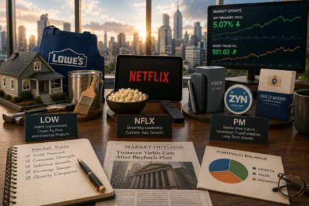 Rekomendasi Saham Hari Ini: LOW, NFLX, PM (20 Agustus 2026) Desk scene blending home improvement and finance: Netflix on a tablet, a model house, tools, a Lowe’s bag, and market data on a monitor with NFLX and LOW signs nearby.