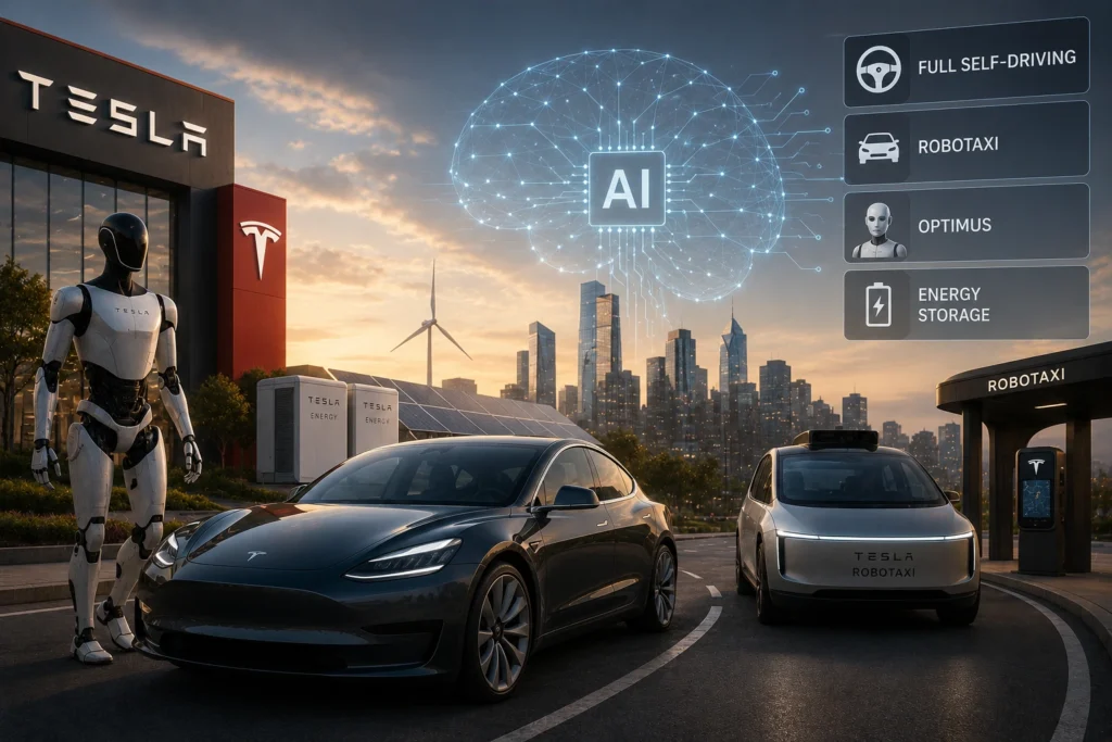 Tesla Dorong AI dan Robotaxi, Pasar Pantau Eksekusi Futuristic Tesla scene with a humanoid robot beside a sleek car, under a glowing AI hologram showing self-driving options at sunset.