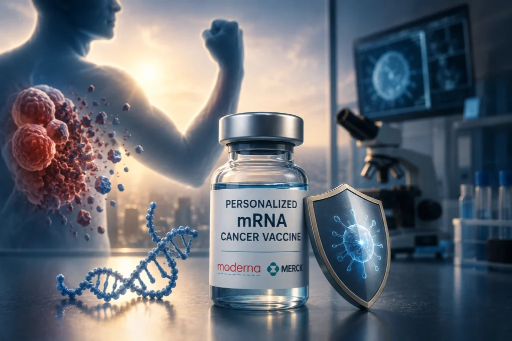 Vaksin Kanker Moderna-Merck Lolos Uji Fase 3 Bottle labeled 'Personalized mRNA Cancer Vaccine' on a lab bench with a shield graphic; DNA strand nearby and a muscular figure in the background, science imagery suggesting cancer treatment research.
