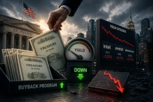 Hand placing Treasury 10-Year cash into a Buyback Program tray beside a yield gauge and a 'DOWN' indicator with a tech stocks board in the background, symbolizing a market drop.