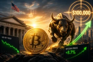 Bull statue charging beside a large Bitcoin coin in front of the U.S. Treasury with stock graphs and $100,000 target in the background.