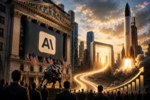 Large city scene with a black banner showing 'AI' on a grand neoclassical building; a bronze bull statue and a crowd in suits with American flags, as futuristic light trails flow toward a rocket launch in a glowing skyline at sunset.
