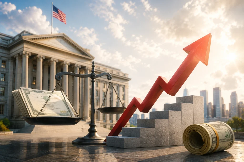 Economic growth concept: money on a scales, a red upward arrow rising beside stacked blocks in front of a government facade.