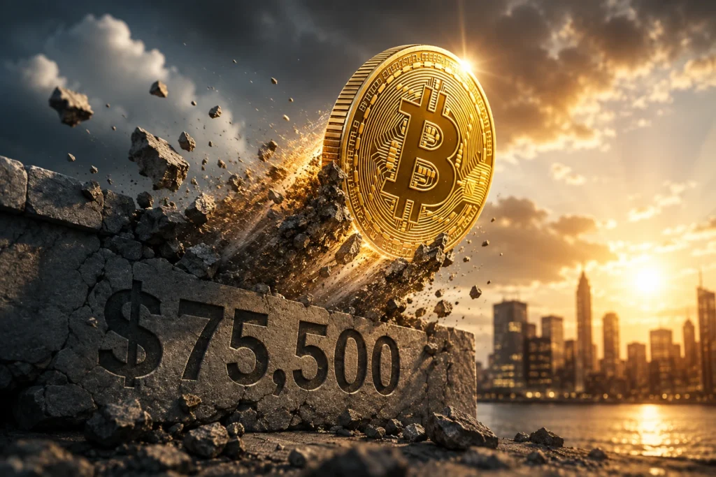 Bitcoin coin breaking through a cracked concrete block labeled $75,500 with a sunset city skyline in the background, symbolizing crypto surge.