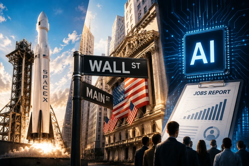Penentu Wall Street Pekan Ini: SpaceX, AI, dan Data Tenaga Kerja Collage showing Wall Street signs with a rocket on a launch pad, NYC buildings, American flags, and a glowing AI chip with a jobs report chart in the foreground.