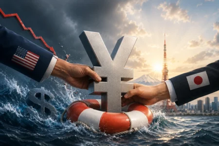 Intervensi AS Bantu Jepang Menahan Pelemahan Yen Two business-suited hands grip a large Yen symbol over a lifebuoy, with US- and Japan-flag sleeves and crashing waves in the scene.
