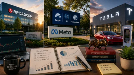 Rekomendasi Saham Hari Ini: AVGO, META, TSLA (4 Agustus 2026) Desk with an open notebook of earnings graphs, a pen, laptop, and a mug that says 'FOCUS ON QUALITY GROWTH' beside finance books; Broadcom, Meta, and Tesla signs in the background outside a corporate campus.