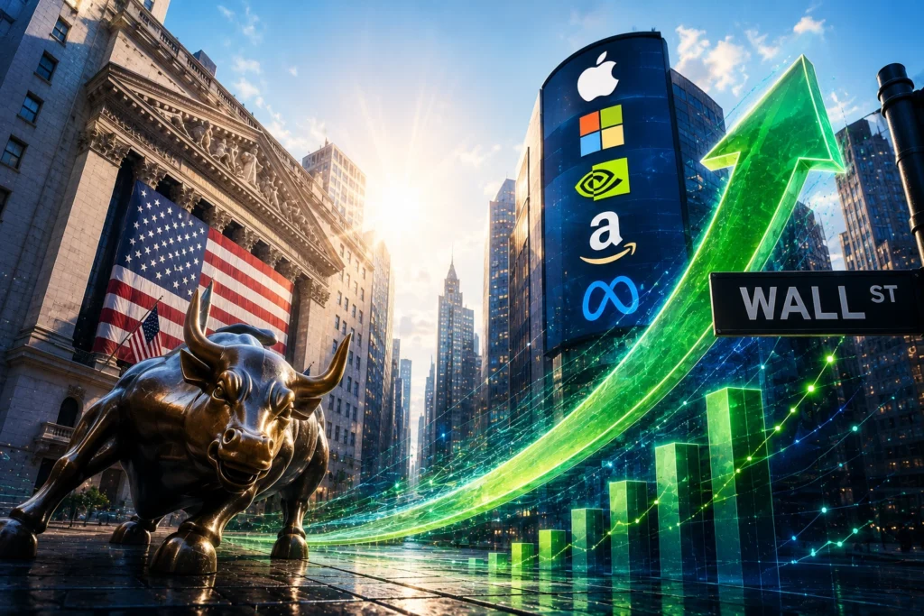Reli Wall Street Berlanjut, Big Tech Ambil Alih Panggung Charging Bull statue on Wall Street with an upward-moving green graph and tech company logos (Apple, Microsoft, Nvidia, Amazon, Meta).