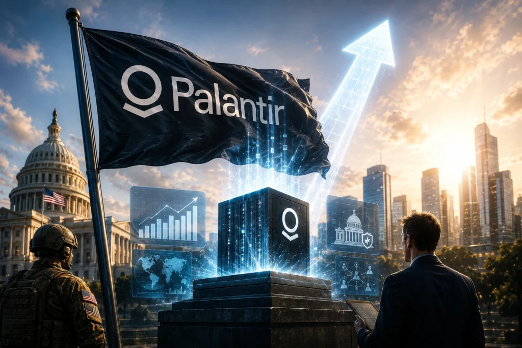 Palantir Lampaui Ekspektasi, Kedaulatan AI Jadi Katalis Palantir flag fluttering above holographic data panels and a glowing upward arrow, with a suited man examining data nearby.