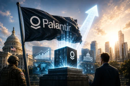 Palantir Lampaui Ekspektasi, Kedaulatan AI Jadi Katalis Palantir flag fluttering above holographic data panels and a glowing upward arrow, with a suited man examining data nearby.
