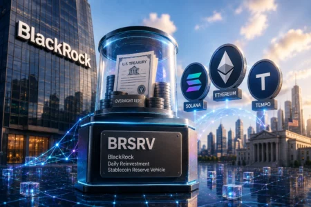 BlackRock Luncurkan Dana Tokenisasi di Solana dan Ethereum Futuristic vault labeled BRSRV outside BlackRock, with coins and U.S. Treasury notes beside Solana, Ethereum, and Tempo logos.